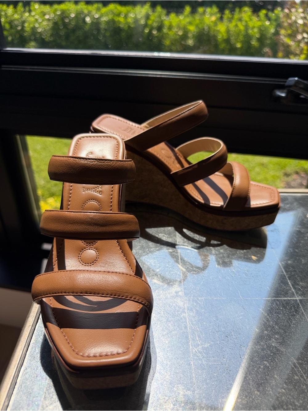 Jimmy Choo Brown Triple-Strap Leather Wedge Sandals 3.75” Size 6.5 36.5 w/ Box